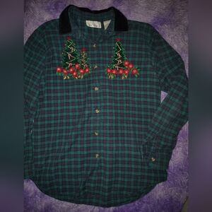Casey And Max Vintage Green Plaid Shirt with Christmas Tree Embroidery